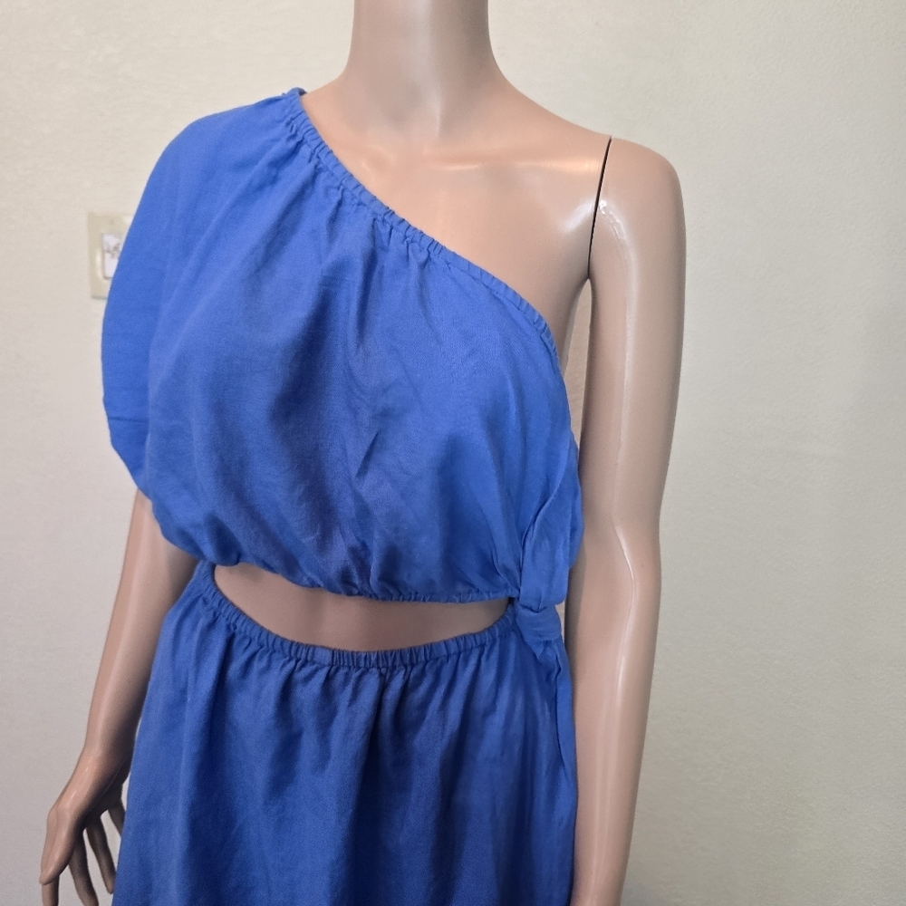Farm Rio Copacabana Women's Blue Tie Knot One Shoulder Cutout Midi Dress Size M - Picture 10 of 16